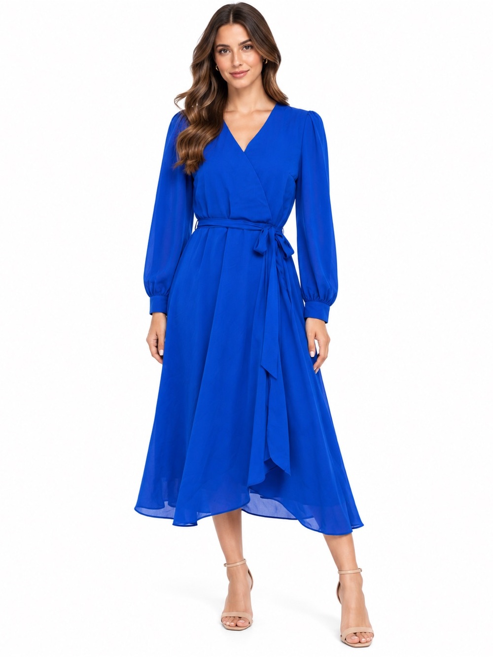 Tahari Royal Blue Faux Wrap Long Sleeve Midi Dress 8 NWT